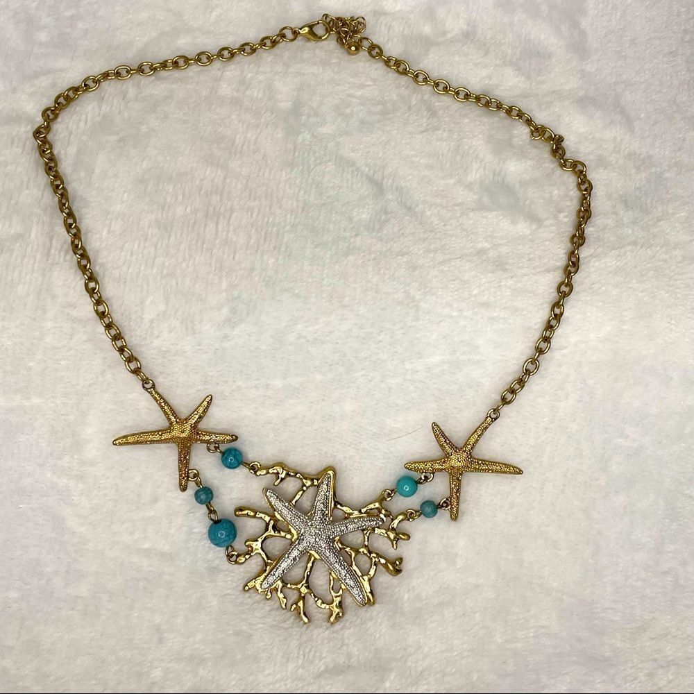 Gold Tone And Turquoise Color Starfish Detailed Necklace 21”